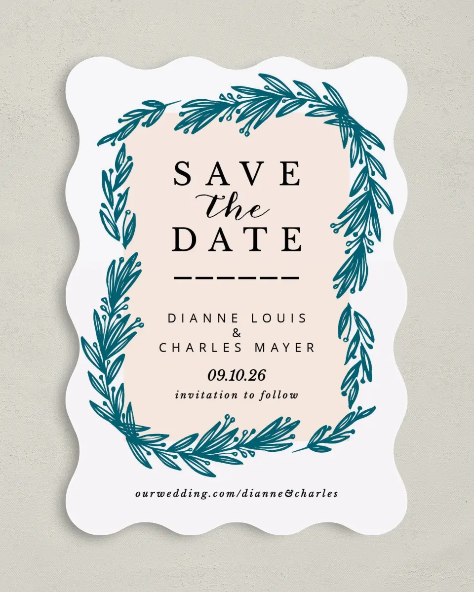 This is a 5" x 7" Save the Date Card called Lovely Leaves printed in full color on Premium Smooth paper