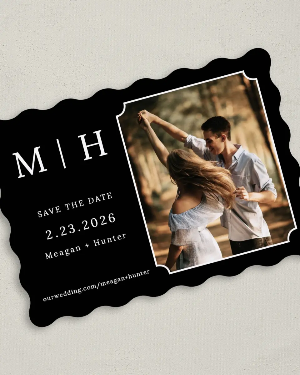 This is a 5" x 7" Save the Date Card called Love's Waltz printed in full color on Premium Smooth paper