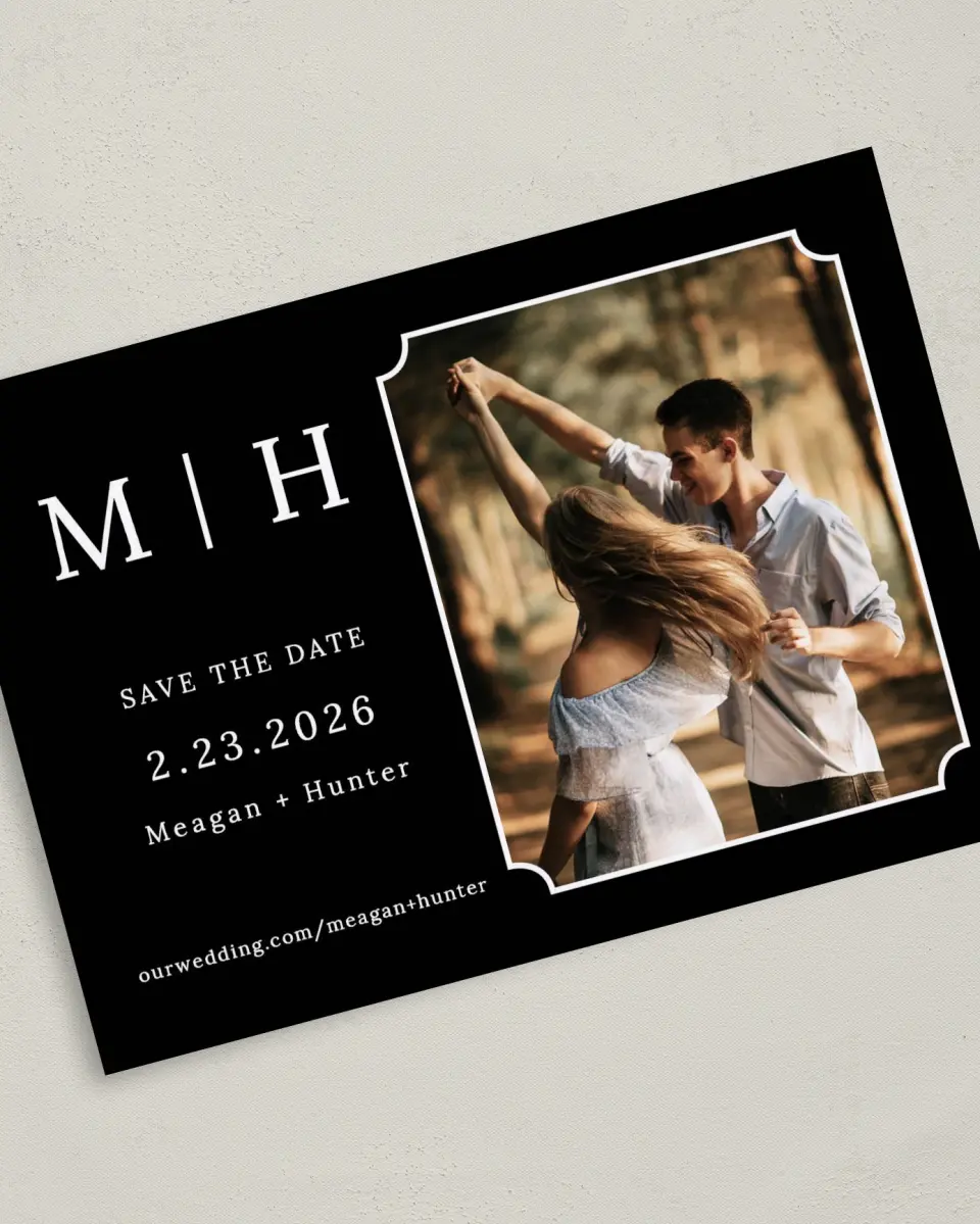 This is a 5" x 7" Save the Date Card called Love's Waltz printed in full color on Premium Smooth paper