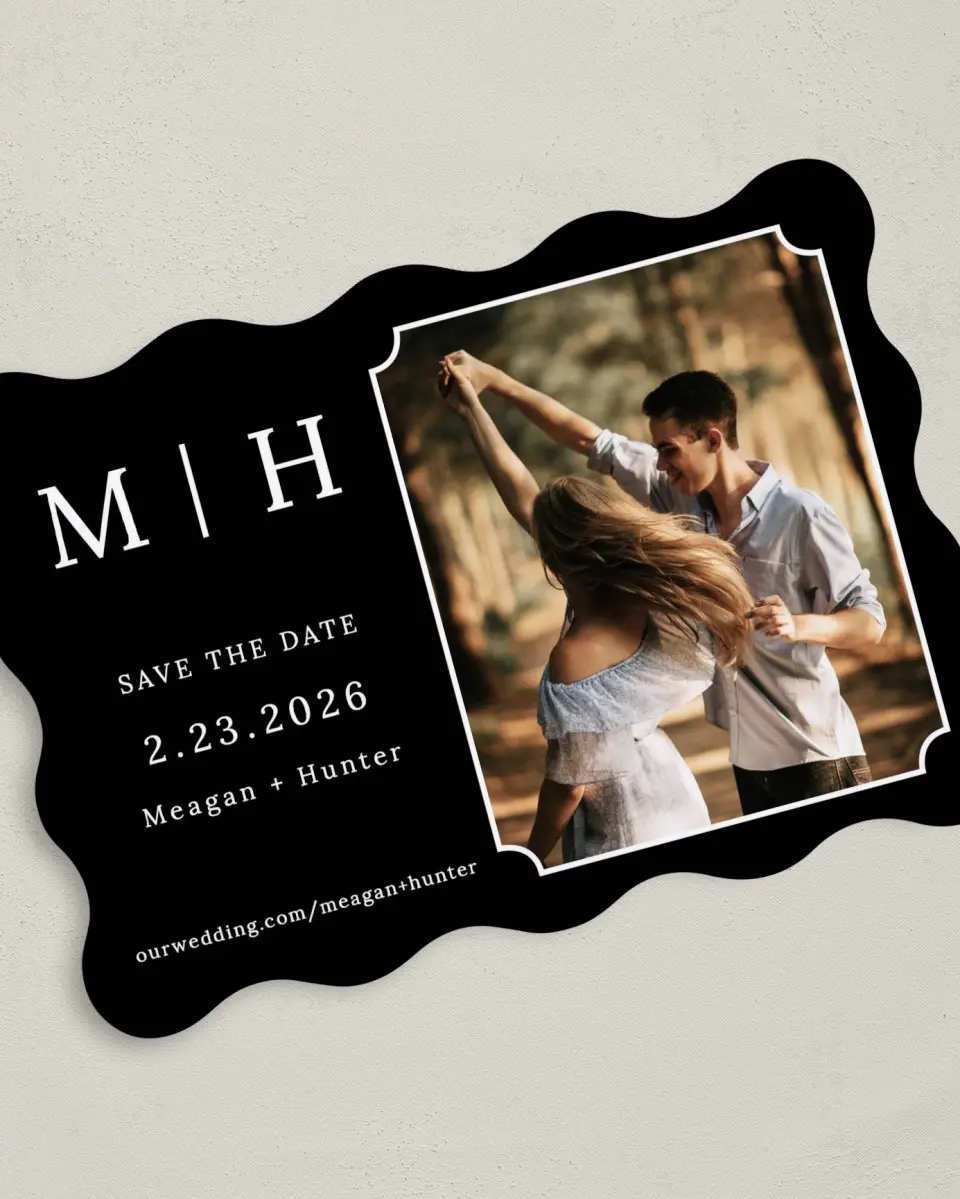 This is a 5" x 7" Save the Date Card called Love's Waltz printed in full color on Premium Smooth paper