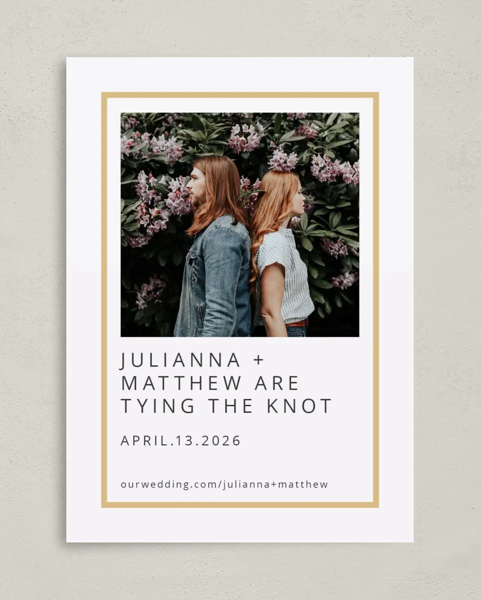 This is a 5" x 7" Save the Date Card called Tying the Knot printed in full color on Premium Smooth paper