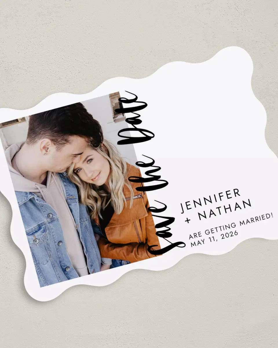 This is a 5" x 7" Save the Date Card called Be There printed in full color on Premium Smooth paper