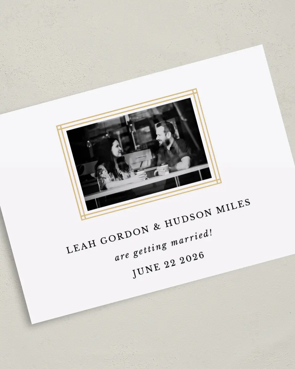 This is a 5" x 7" Save the Date Card called Perfectly Framed printed in full color on Premium Smooth paper
