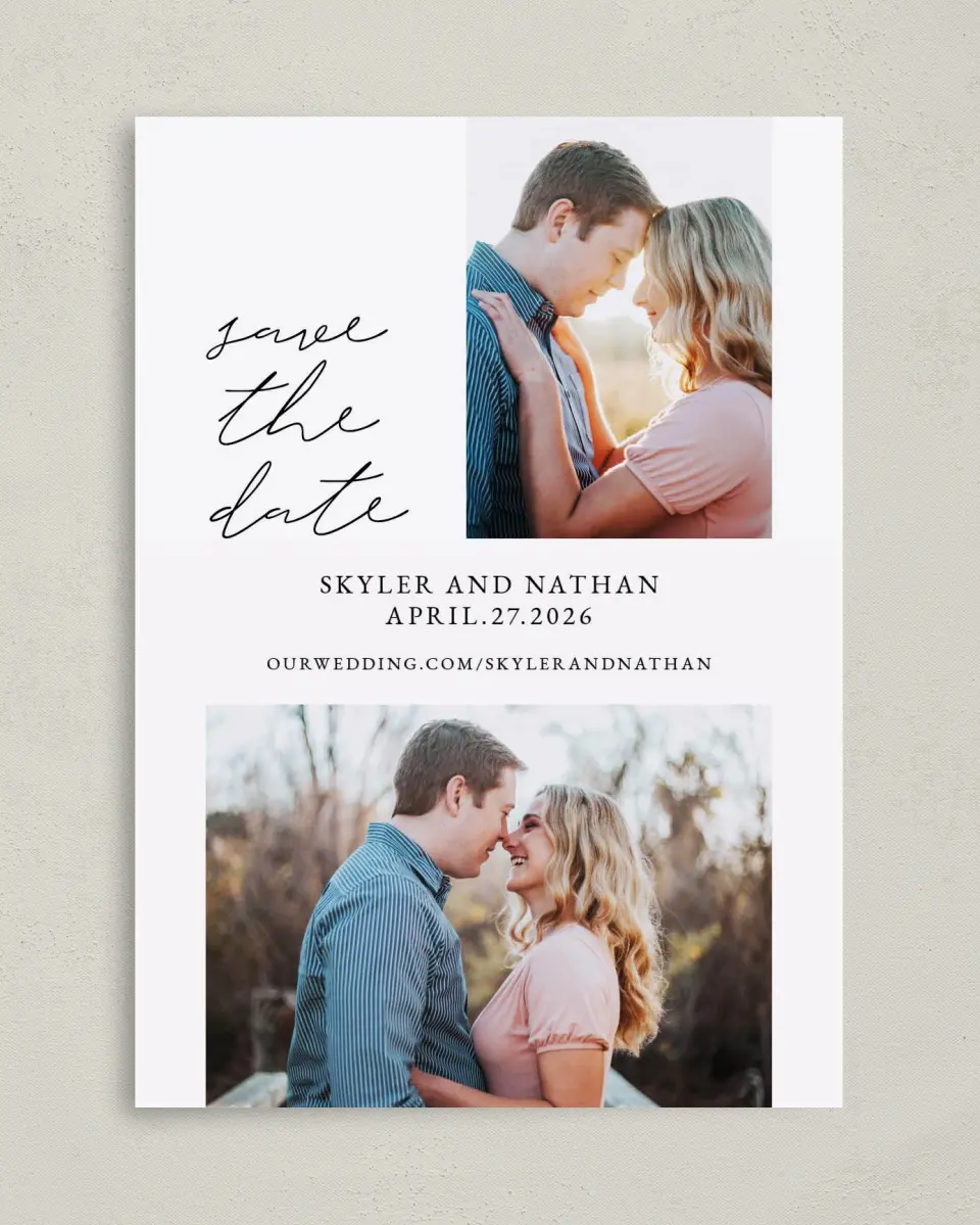 This is a 5" x 7" Save the Date Card called Double Take printed in full color on Premium Smooth paper