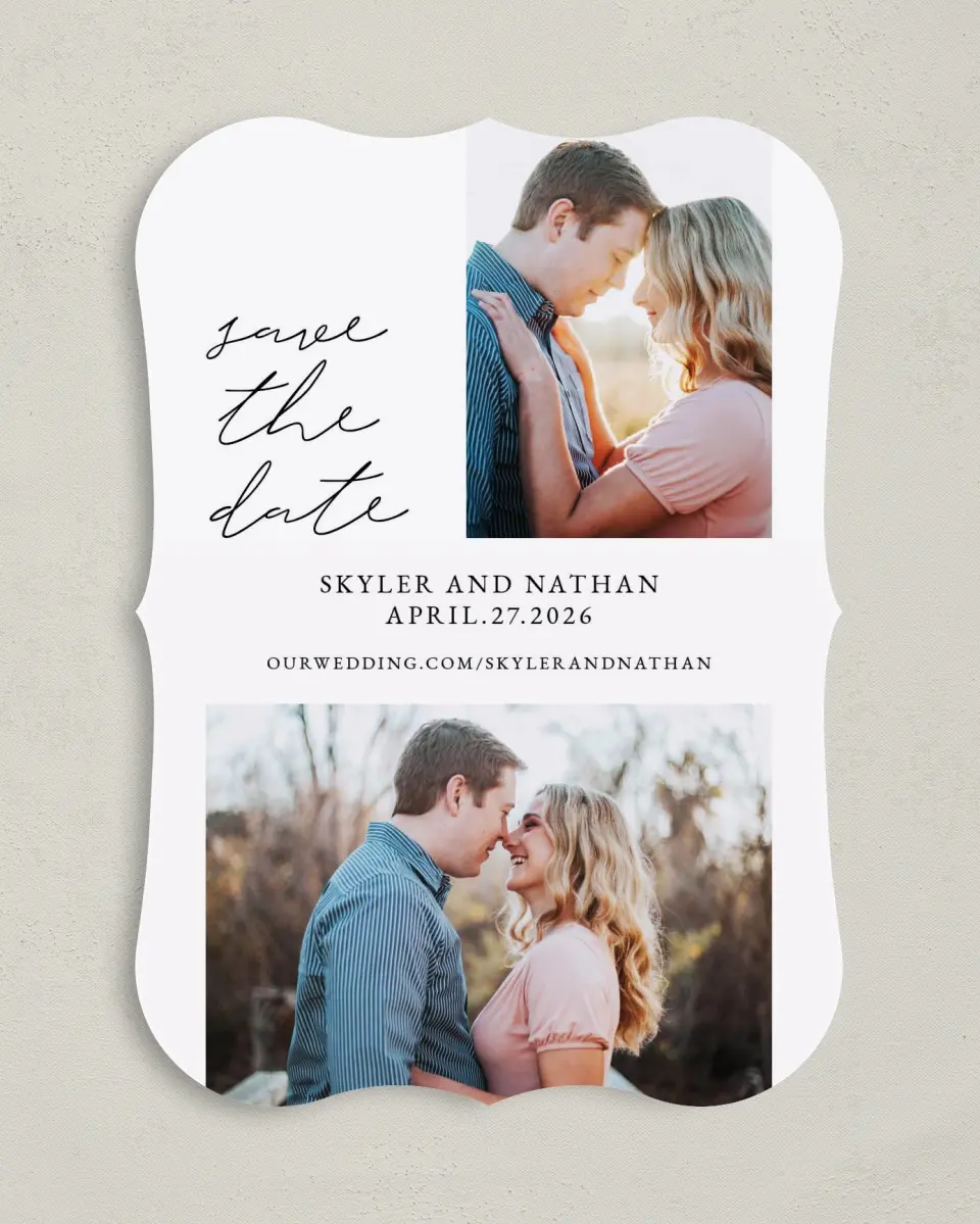 This is a 5" x 7" Save the Date Card called Double Take printed in full color on Premium Smooth paper