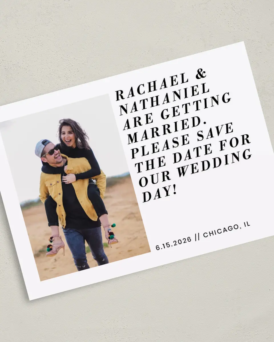 This is a 5" x 7" Save the Date Card called Checkmate printed in full color on Premium Smooth paper