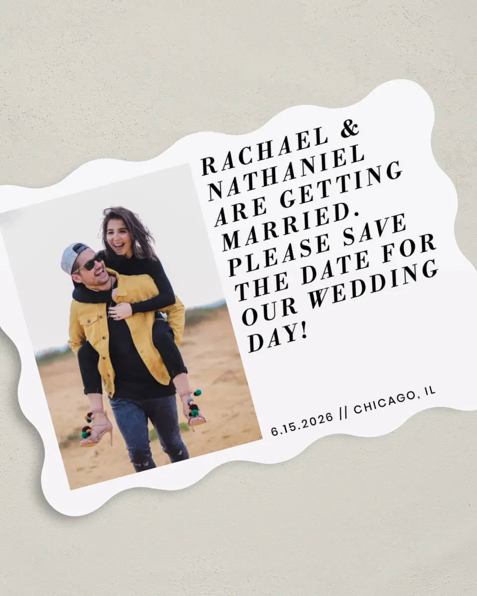 This is a 5" x 7" Save the Date Card called Checkmate printed in full color on Premium Smooth paper