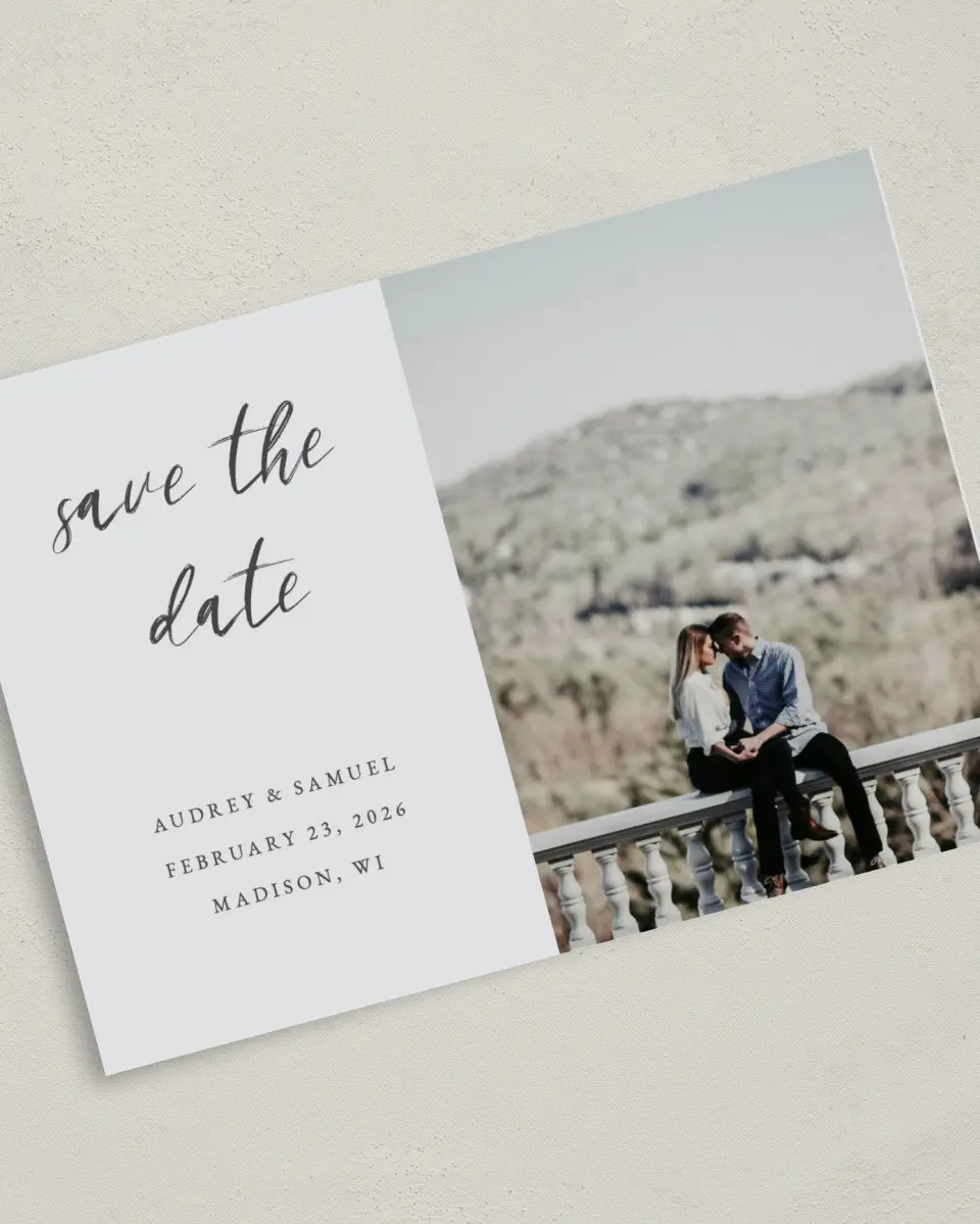 This is a 5" x 7" Save the Date Card called Majestic Moment printed in full color on Premium Smooth paper