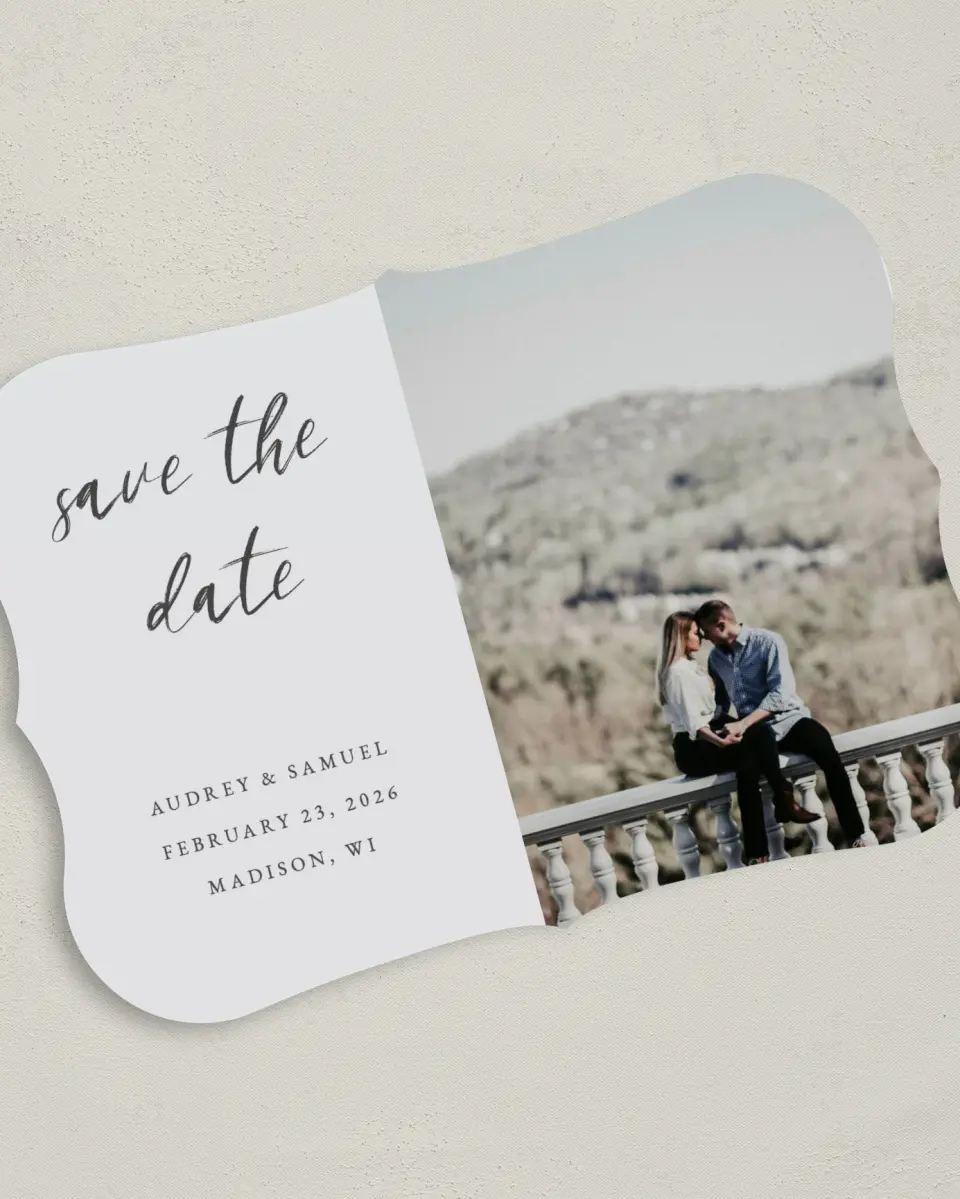 This is a 5" x 7" Save the Date Card called Majestic Moment printed in full color on Premium Smooth paper
