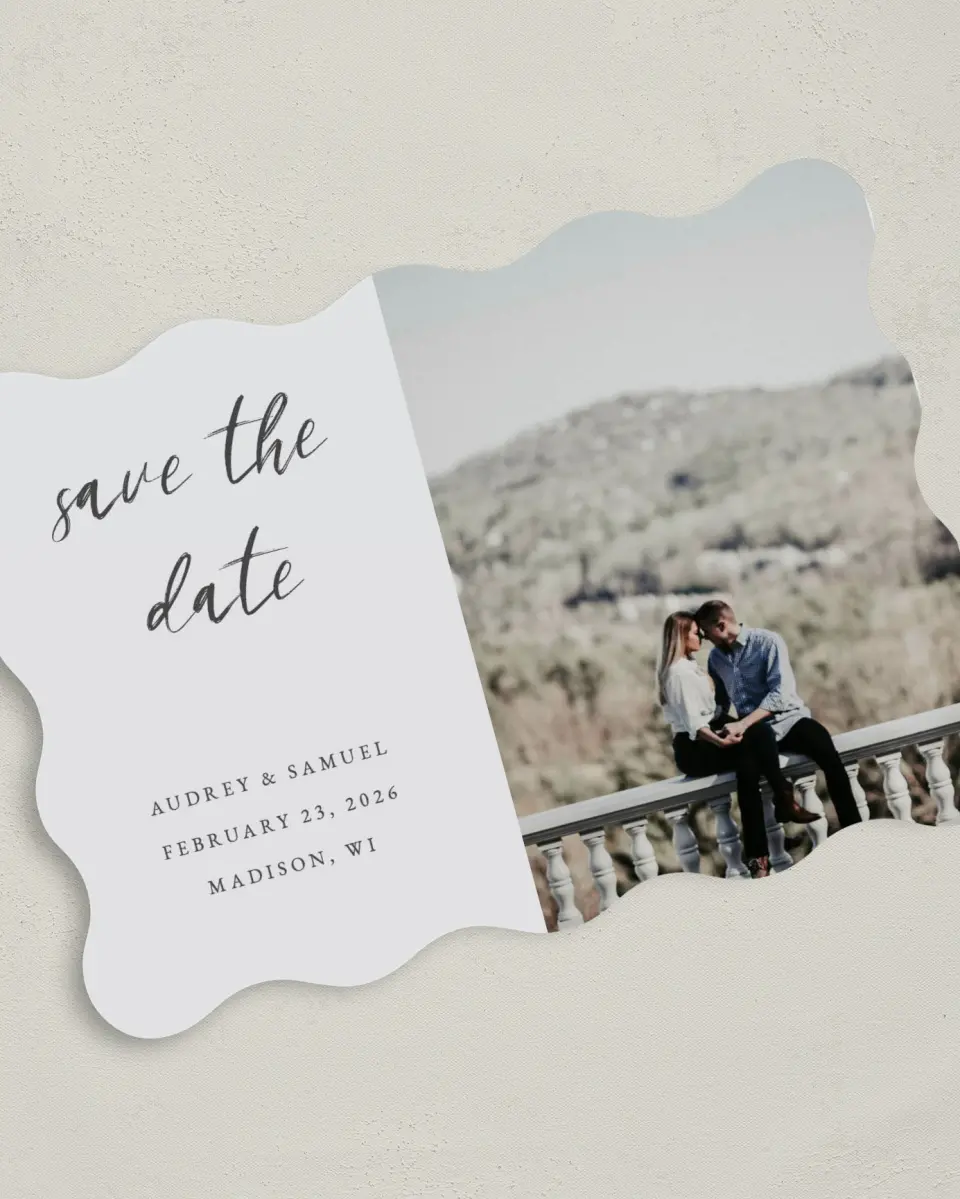 This is a 5" x 7" Save the Date Card called Majestic Moment printed in full color on Premium Smooth paper