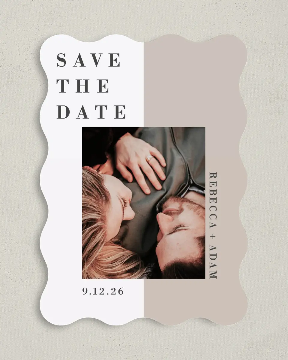 This is a 5" x 7" Save the Date Card called Merging Love printed in full color on Premium Smooth paper