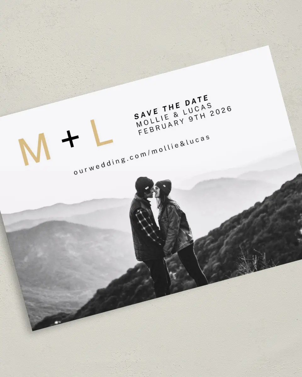This is a 5" x 7" Save the Date Card called New Initials printed in full color with Silver foil on Luxe Satin (coated) paper