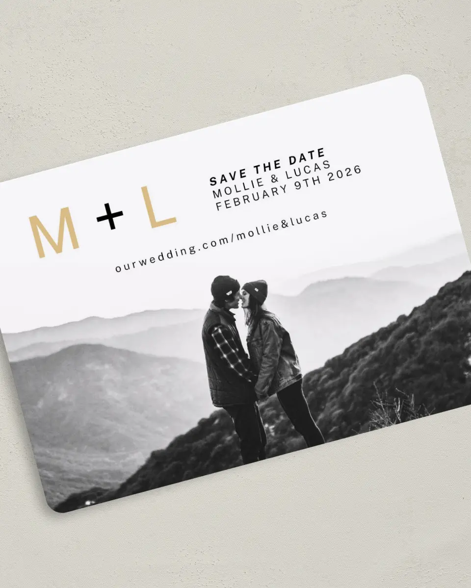 This is a 5" x 7" Save the Date Card called New Initials printed in full color on Premium Smooth paper