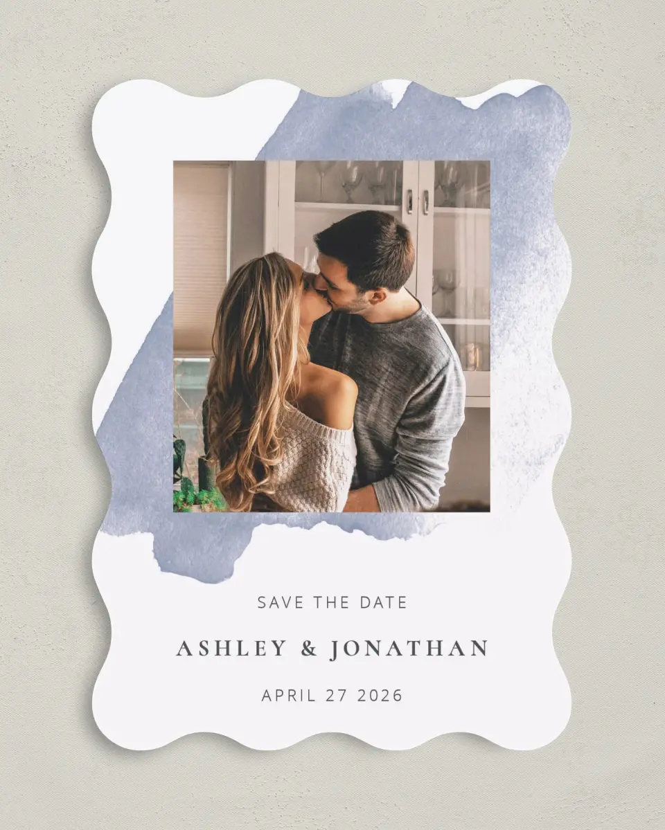 This is a 5" x 7" Save the Date Card called Stroke of Luck printed in full color with Rose Gold foil on Luxe Satin (coated) paper