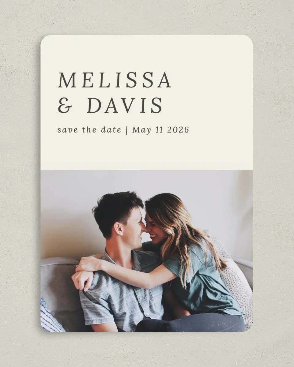This is a 5" x 7" Save the Date Card called Snuggle Together printed in full color on Premium Smooth paper