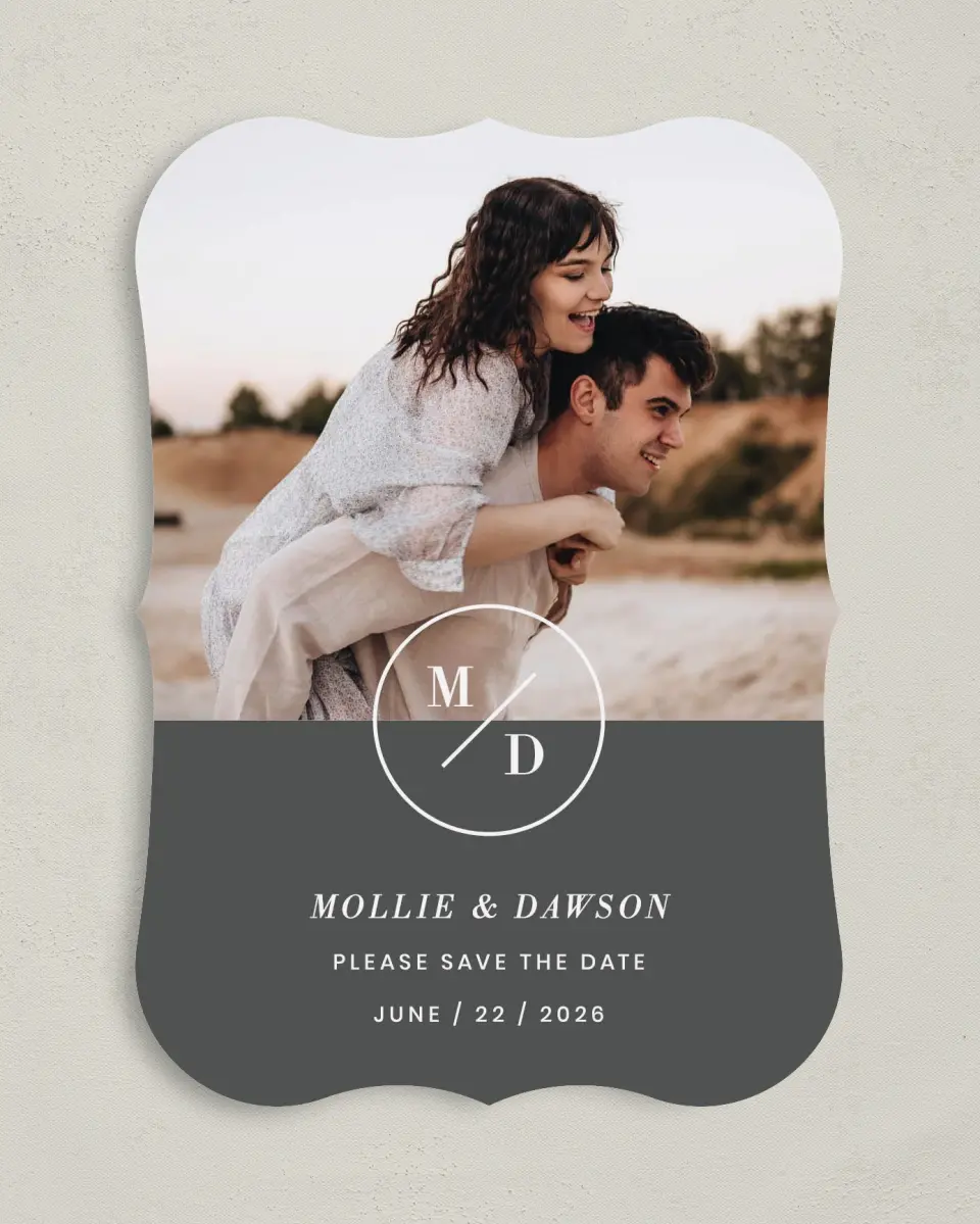 This is a 5" x 7" Save the Date Card called New Monogram printed in full color on Premium Smooth paper
