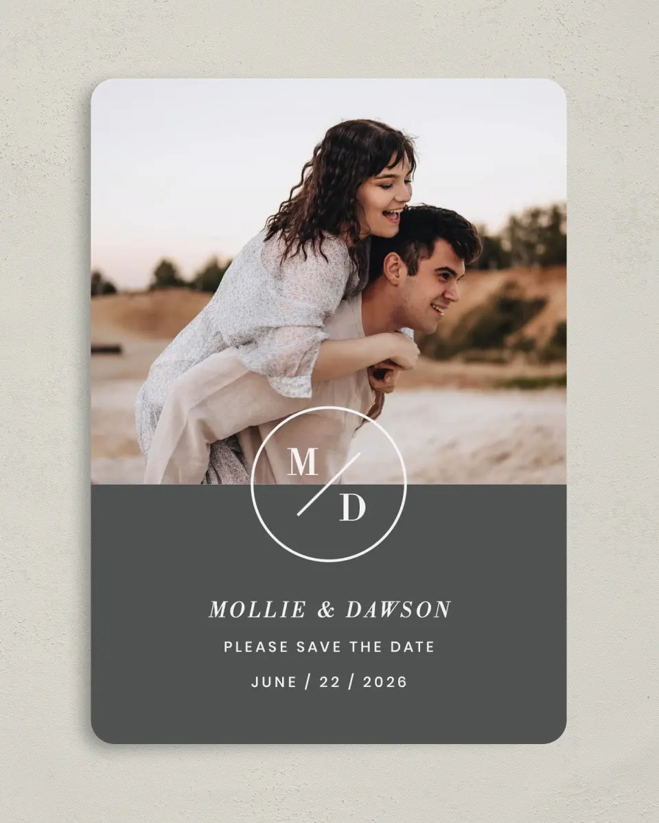 This is a 5" x 7" Save the Date Card called New Monogram printed in full color on Premium Smooth paper