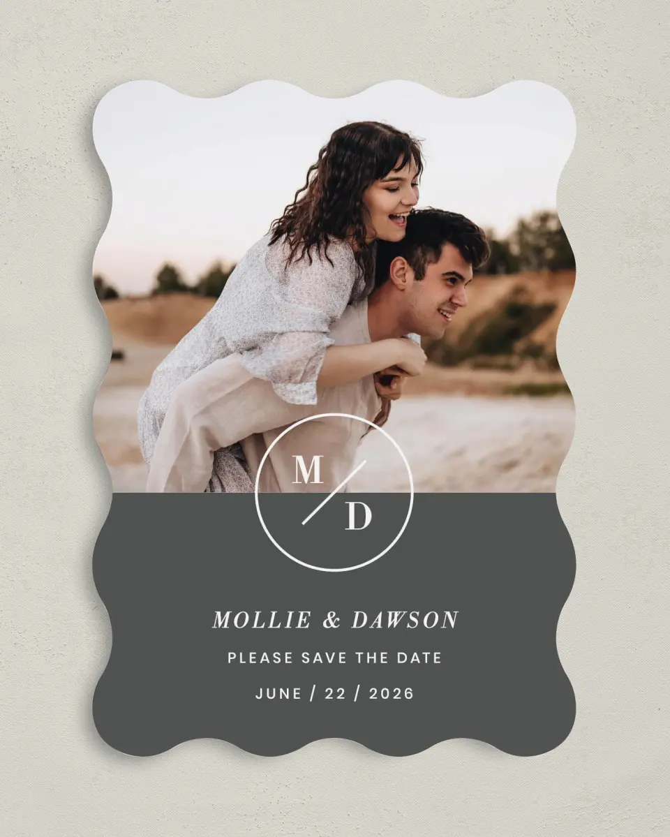 This is a 5" x 7" Save the Date Card called New Monogram printed in full color on Premium Smooth paper