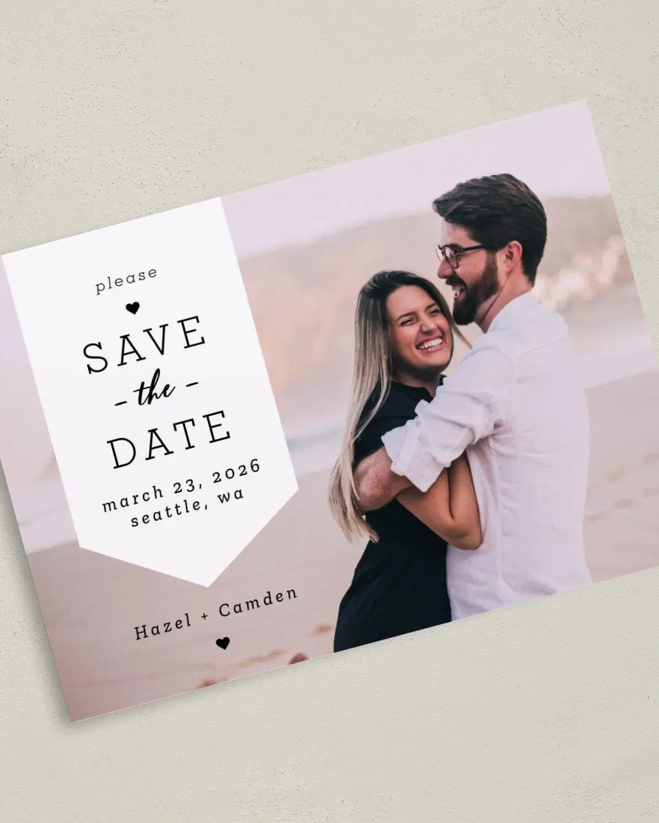 This is a 5" x 7" Save the Date Card called Come Together printed in full color on Premium Smooth paper