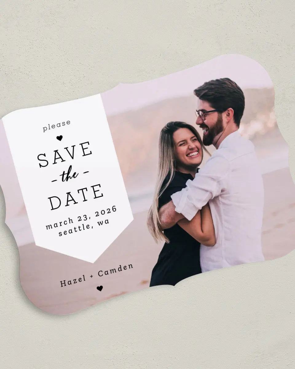 This is a 5" x 7" Save the Date Card called Come Together printed in full color on Premium Smooth paper