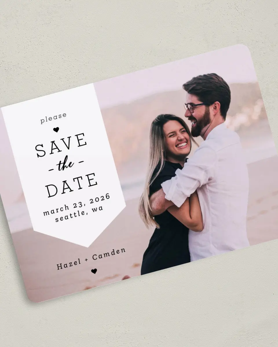 This is a 5" x 7" Save the Date Card called Come Together printed in full color on Premium Smooth paper