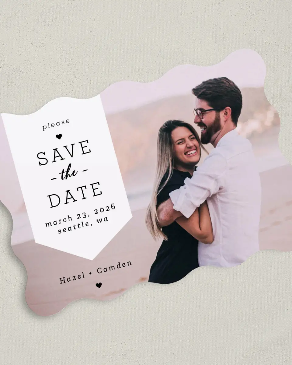 This is a 5" x 7" Save the Date Card called Come Together printed in full color on Premium Smooth paper