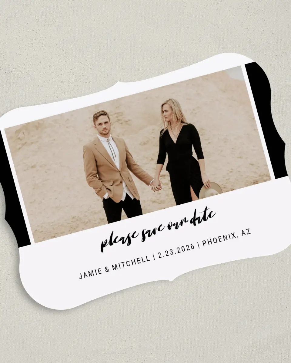 This is a 5" x 7" Save the Date Card called Stately Event printed in full color on Premium Smooth paper