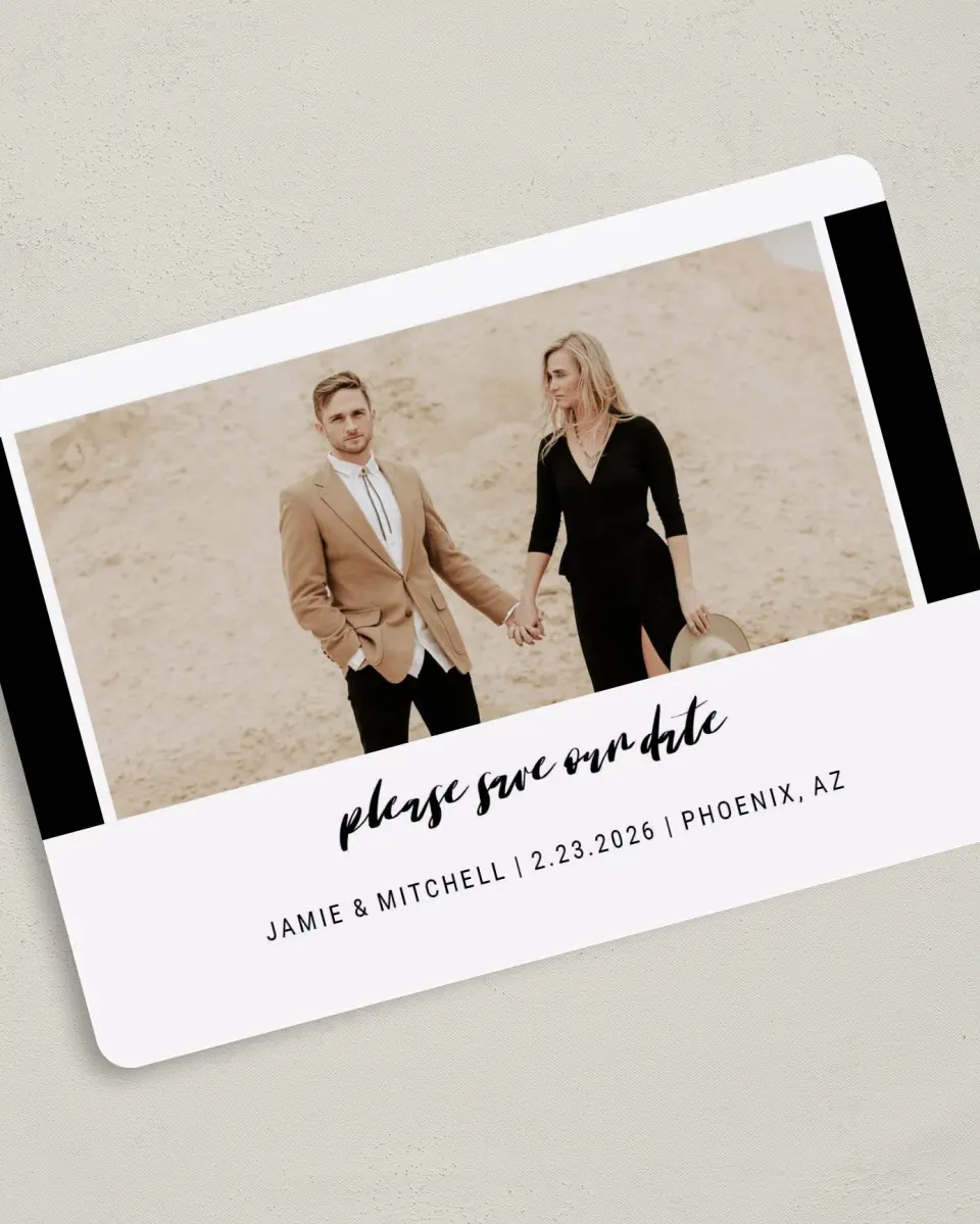 This is a 5" x 7" Save the Date Card called Stately Event printed in full color with Silver foil on Luxe Satin (coated) paper