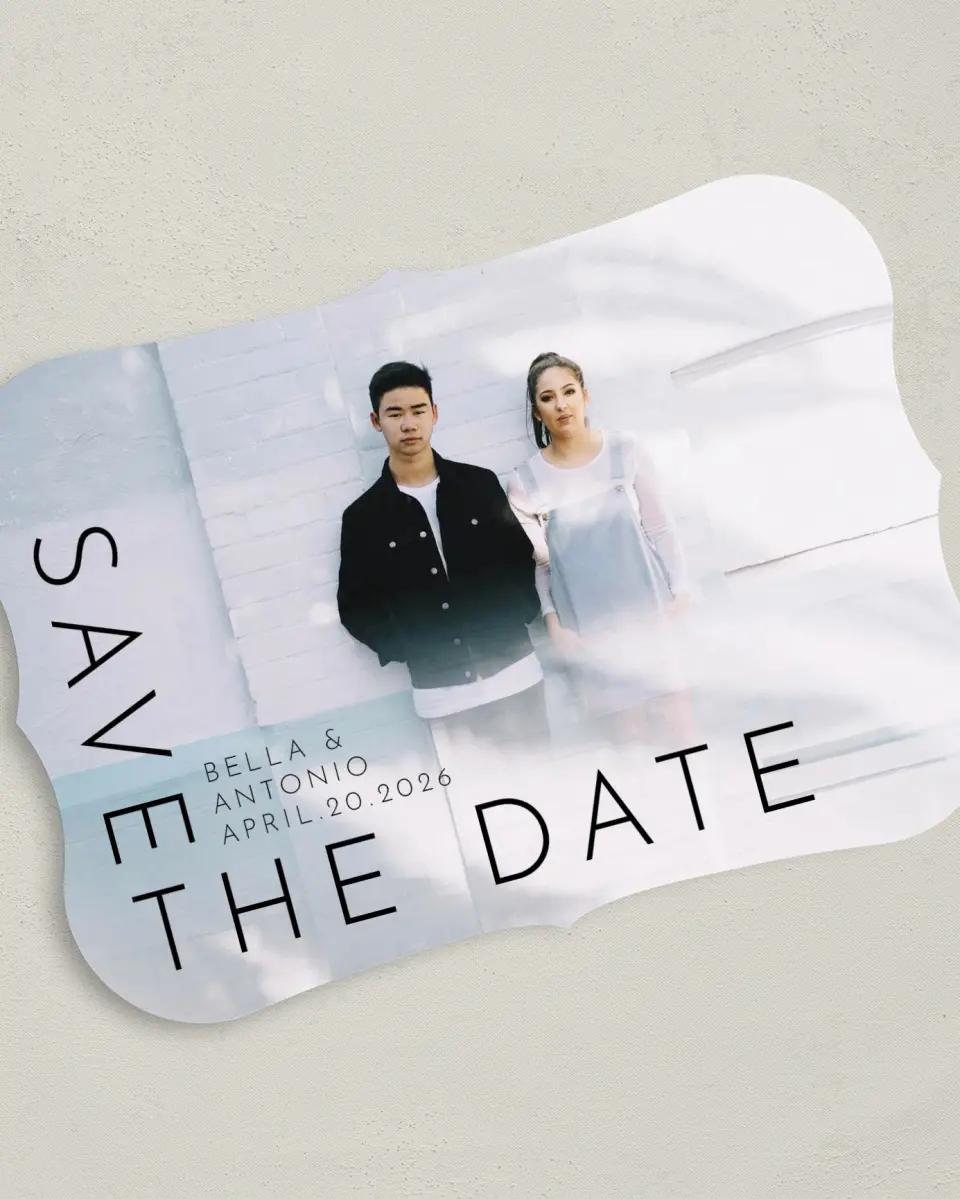 This is a 5" x 7" Save the Date Card called Cornered By Love printed in full color on Premium Smooth paper