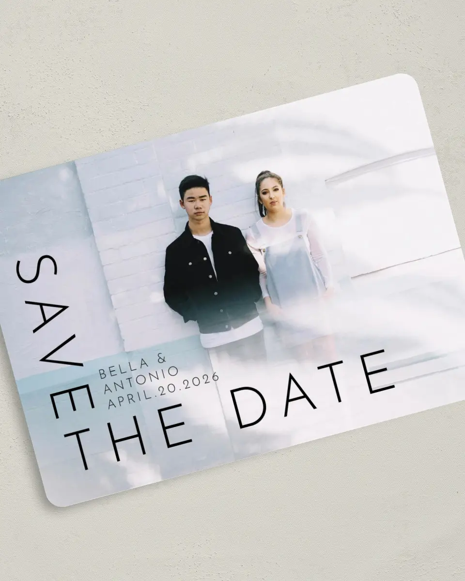 This is a 5" x 7" Save the Date Card called Cornered By Love printed in full color on Premium Smooth paper