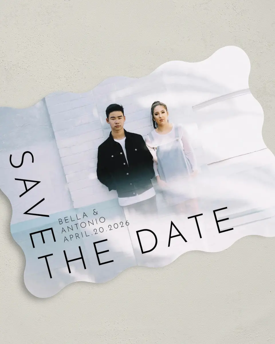 This is a 5" x 7" Save the Date Card called Cornered By Love printed in full color on Premium Smooth paper