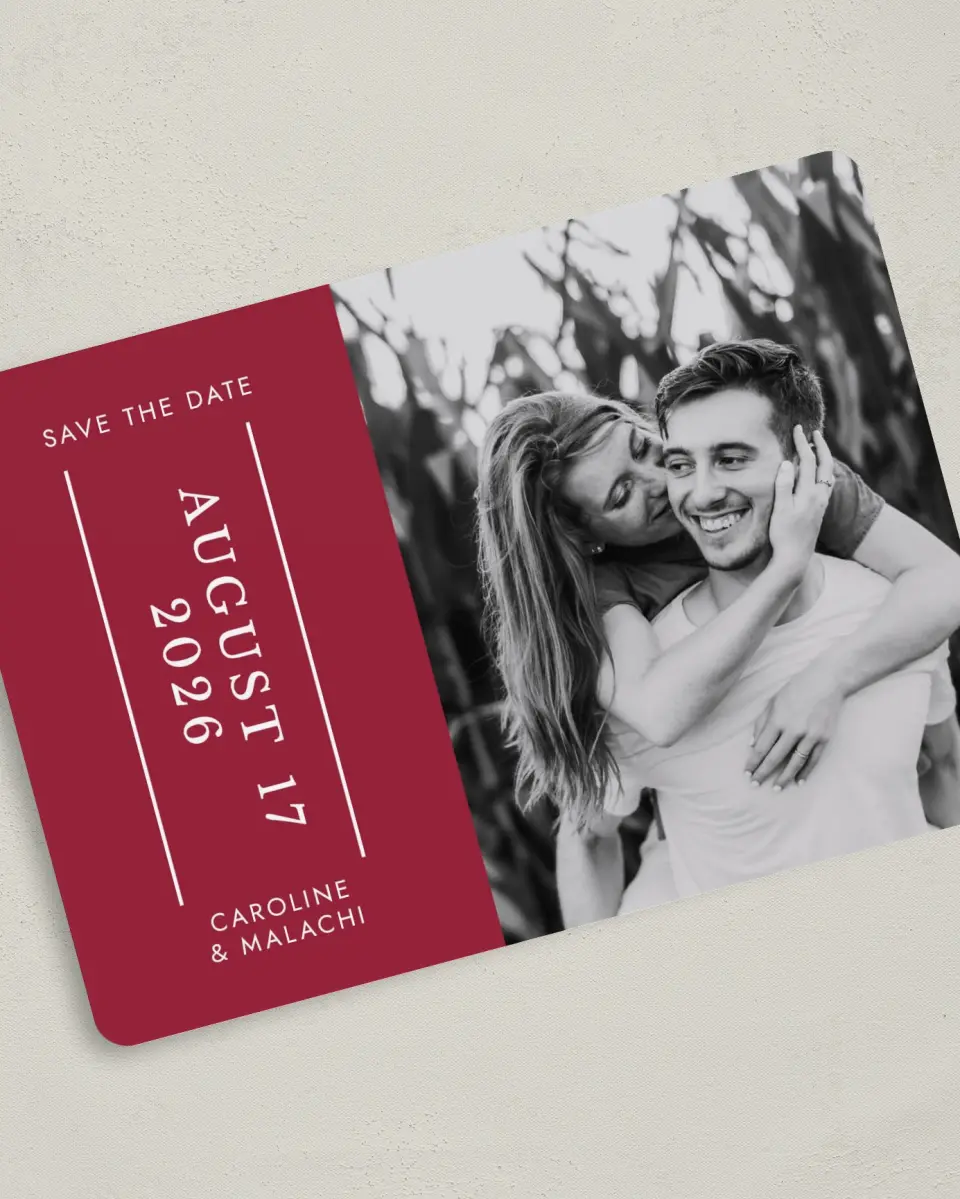 This is a 5" x 7" Save the Date Card called True Vertical printed in full color on Premium Smooth paper