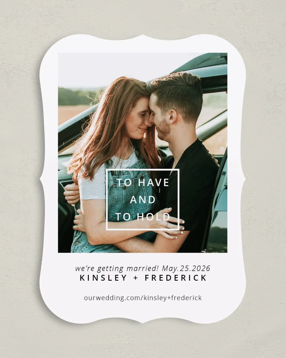 This is a 5" x 7" Save the Date Card called Committed Vows printed in full color on Premium Smooth paper