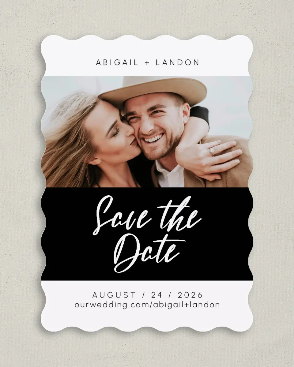 This is a 5" x 7" Save the Date Card called Our Love Speaks printed in full color on Premium Smooth paper