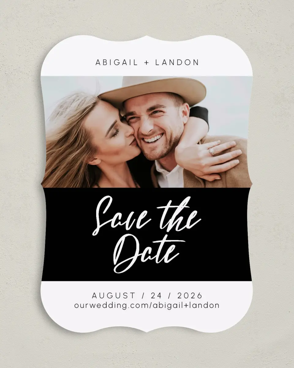 This is a 5" x 7" Save the Date Card called Our Love Speaks printed in full color on Premium Smooth paper