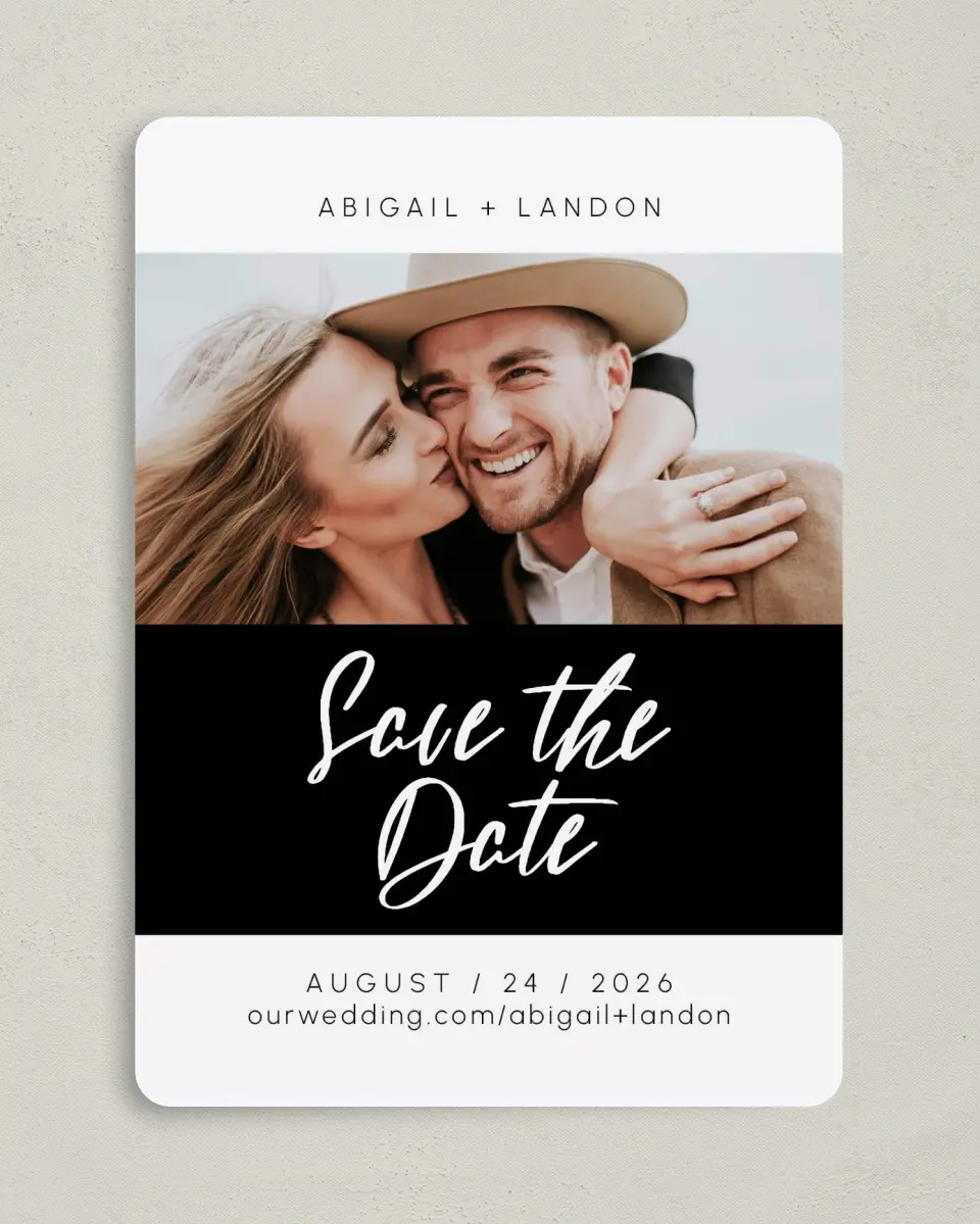 This is a 5" x 7" Save the Date Card called Our Love Speaks printed in full color on Premium Smooth paper