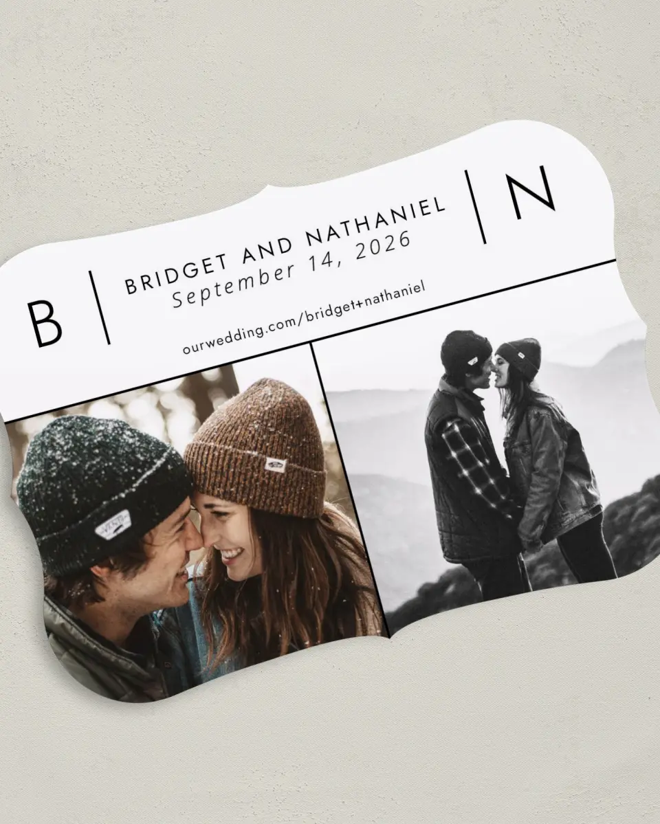 This is a 5" x 7" Save the Date Card called Ledger of Love printed in full color on Premium Smooth paper