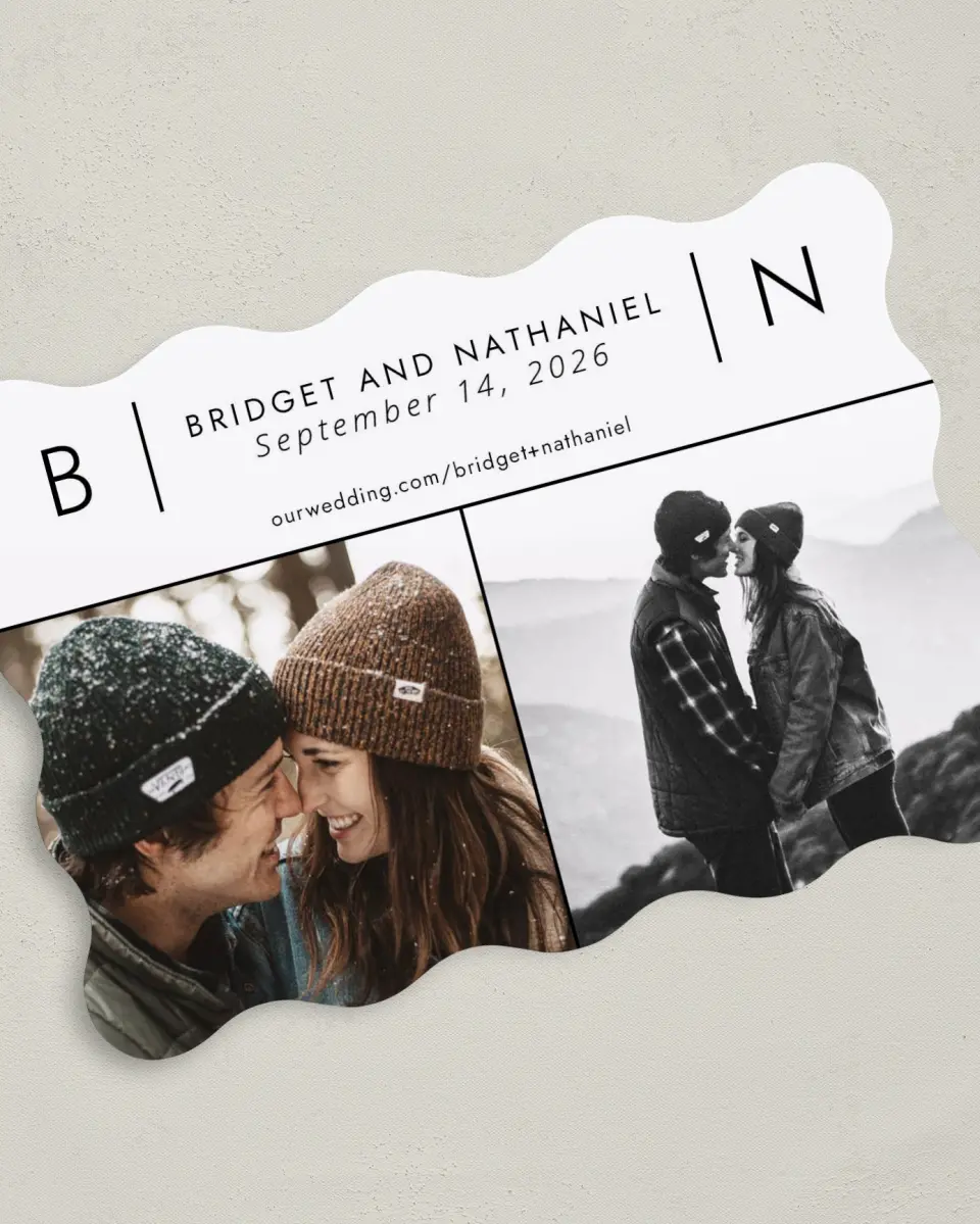 This is a 5" x 7" Save the Date Card called Ledger of Love printed in full color on Premium Smooth paper