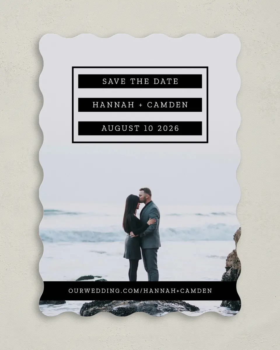 This is a 5" x 7" Save the Date Card called Waves of Romance printed in full color on Premium Smooth paper