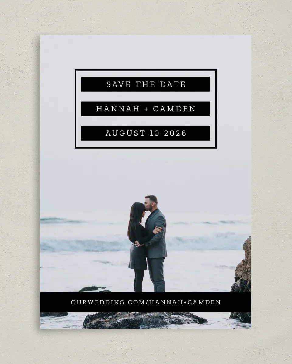 This is a 5" x 7" Save the Date Card called Waves of Romance printed in full color on Premium Smooth paper
