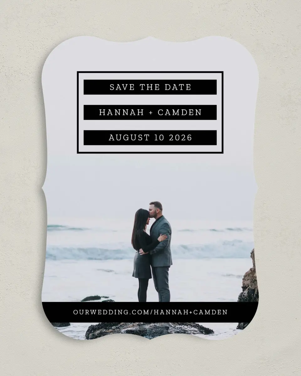 This is a 5" x 7" Save the Date Card called Waves of Romance printed in full color on Premium Smooth paper