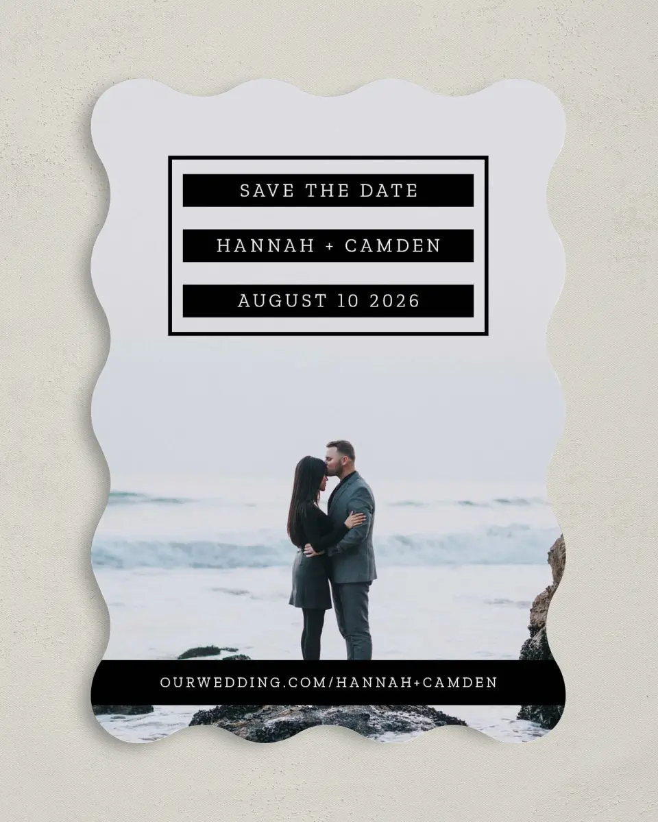 This is a 5" x 7" Save the Date Card called Waves of Romance printed in full color with Gold foil on Luxe Satin (coated) paper