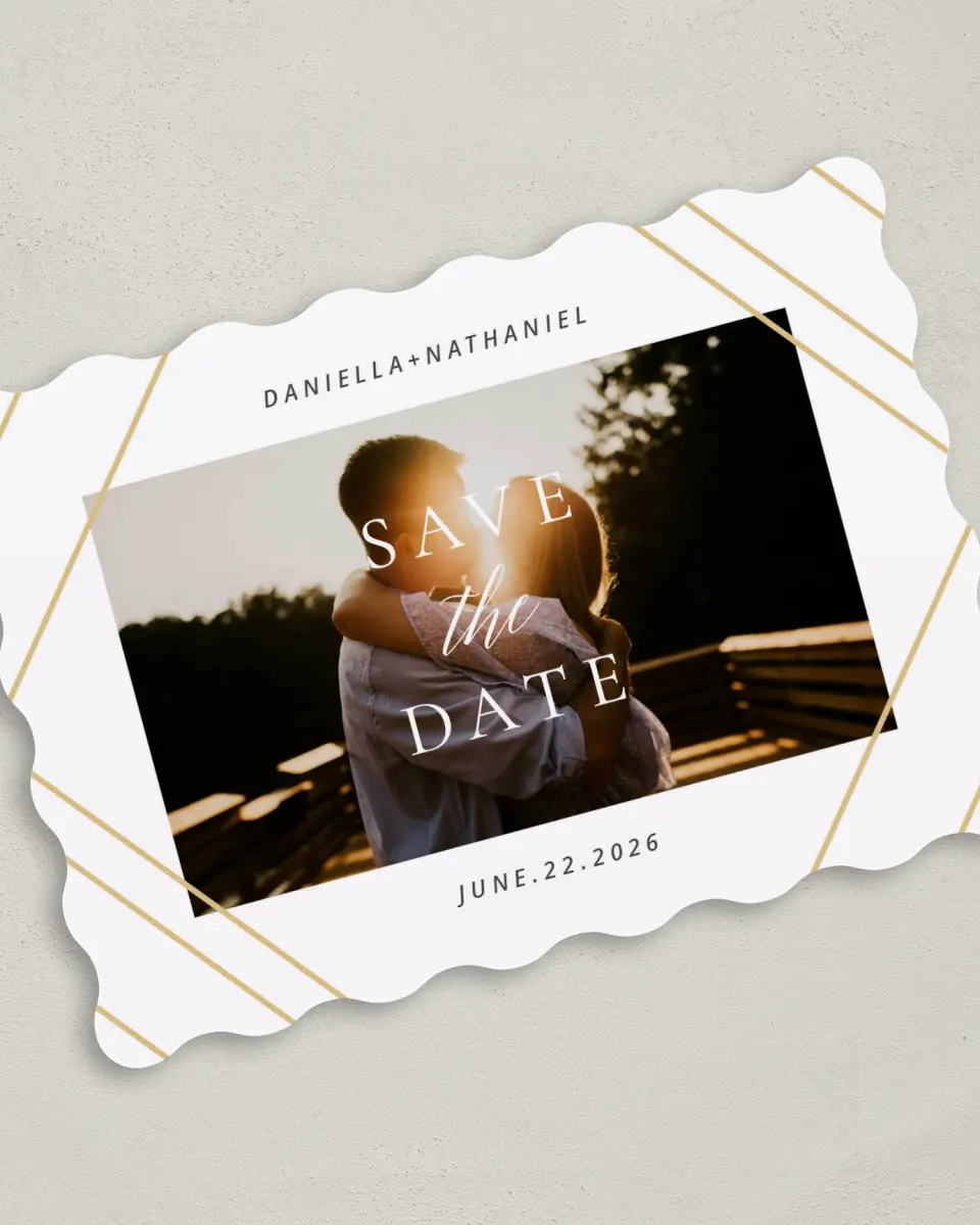 This is a 5" x 7" Save the Date Card called Enchanted Chapter printed in full color on Premium Smooth paper