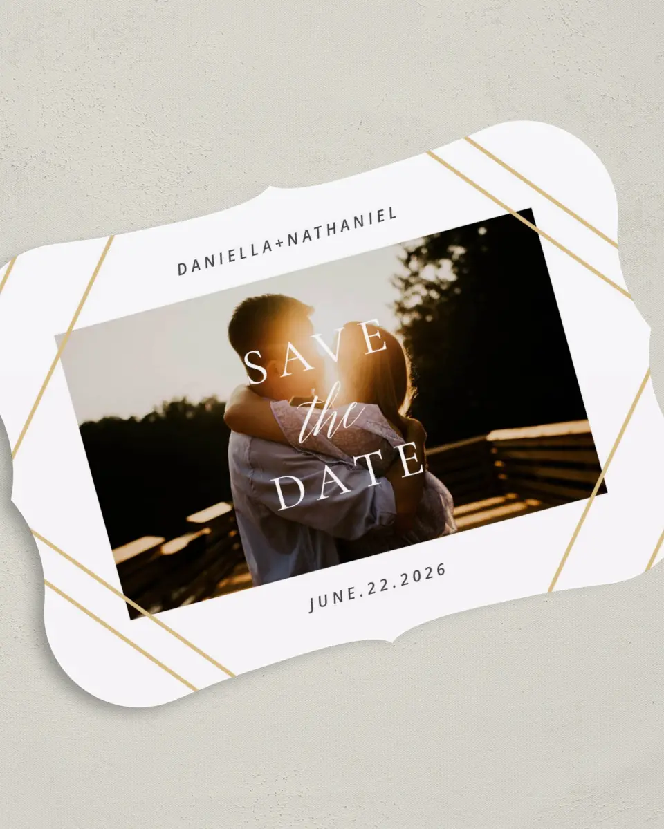 This is a 5" x 7" Save the Date Card called Enchanted Chapter printed in full color on Premium Smooth paper