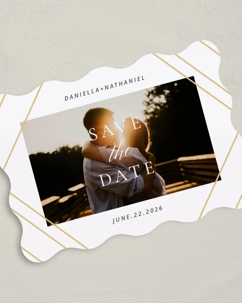 This is a 5" x 7" Save the Date Card called Enchanted Chapter printed in full color on Premium Smooth paper