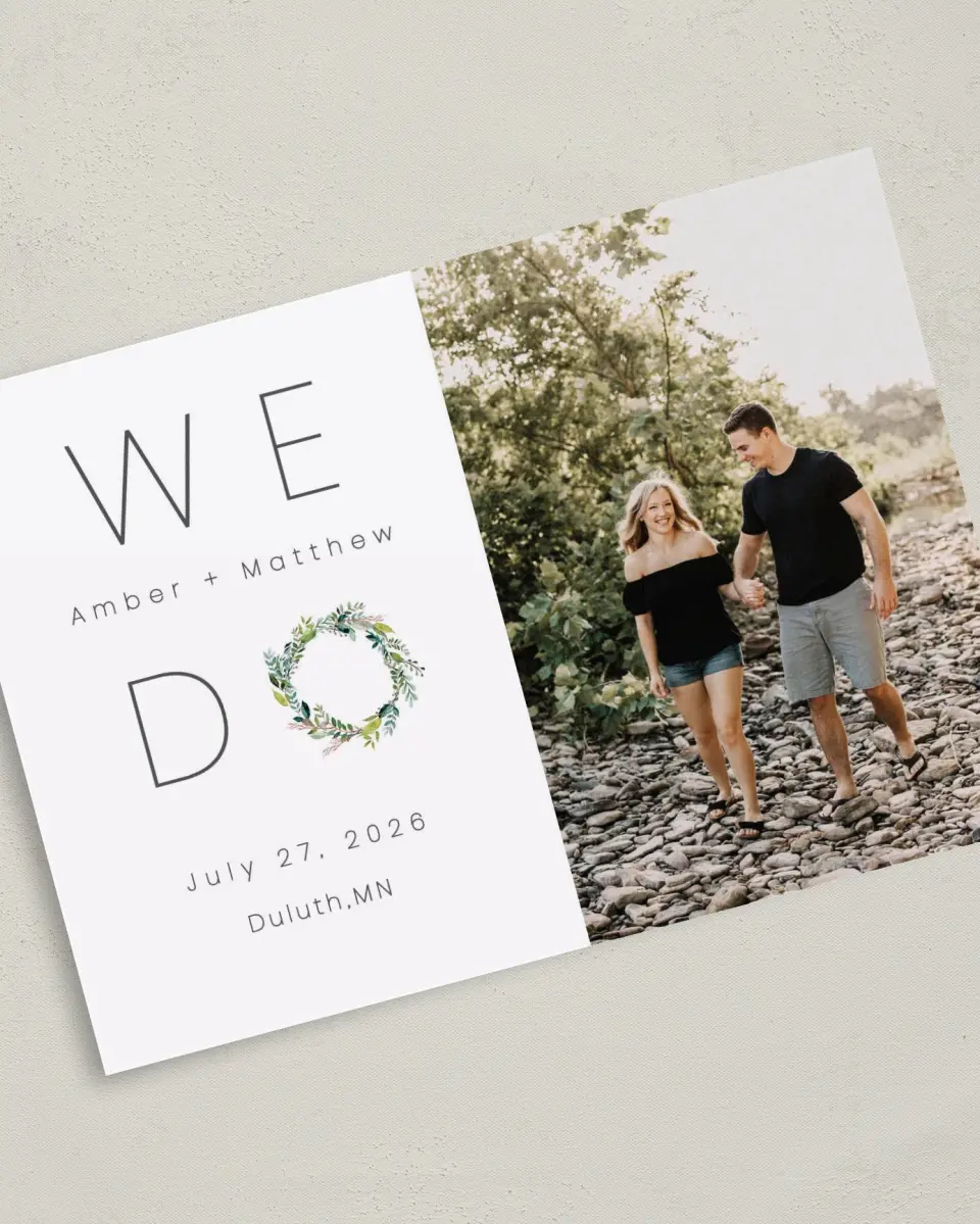 This is a 5" x 7" Save the Date Card called Love Encircled printed in full color on Premium Smooth paper