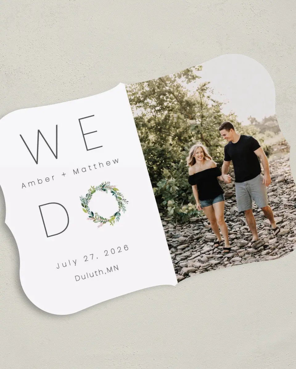 This is a 5" x 7" Save the Date Card called Love Encircled printed in full color on Premium Smooth paper