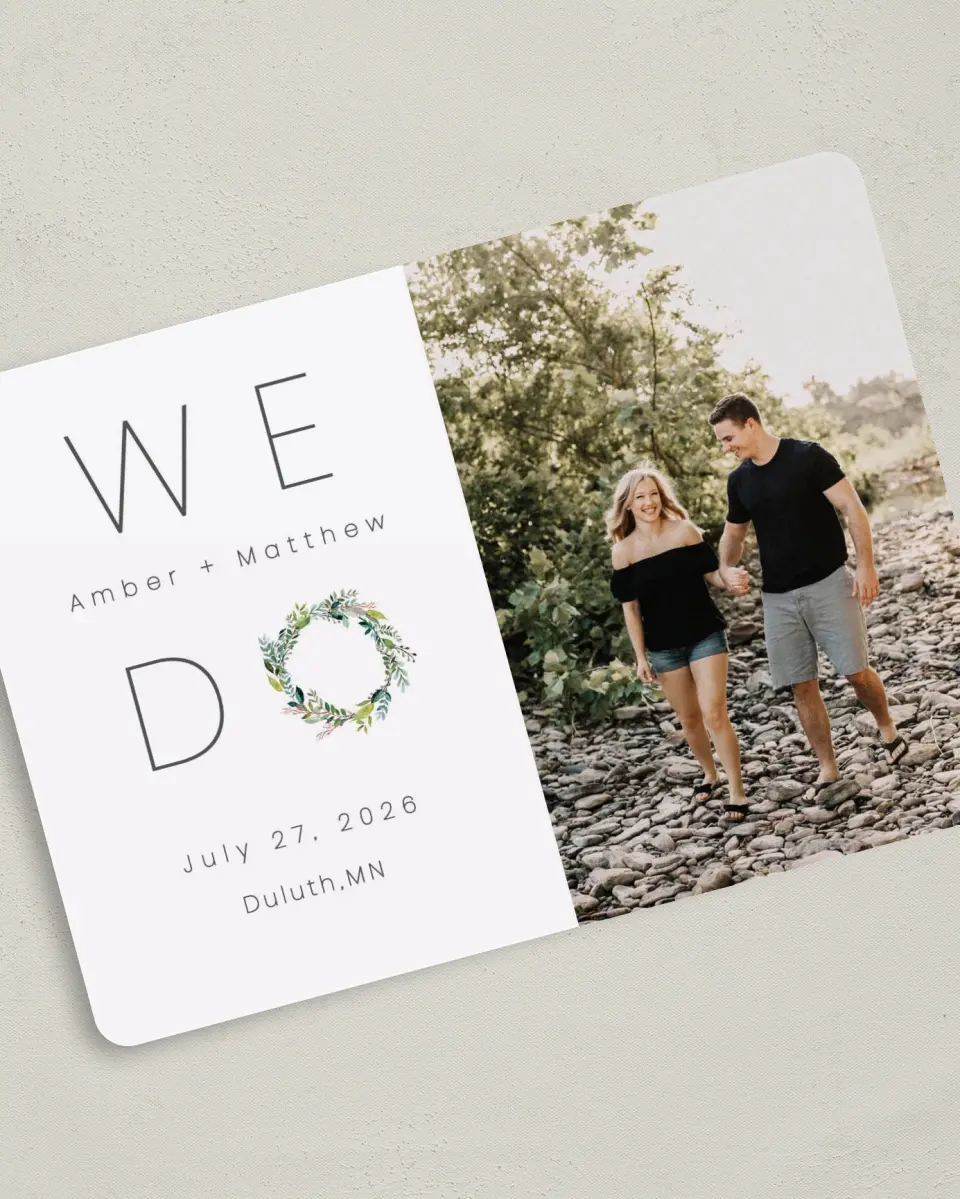 This is a 5" x 7" Save the Date Card called Love Encircled printed in full color on Premium Smooth paper