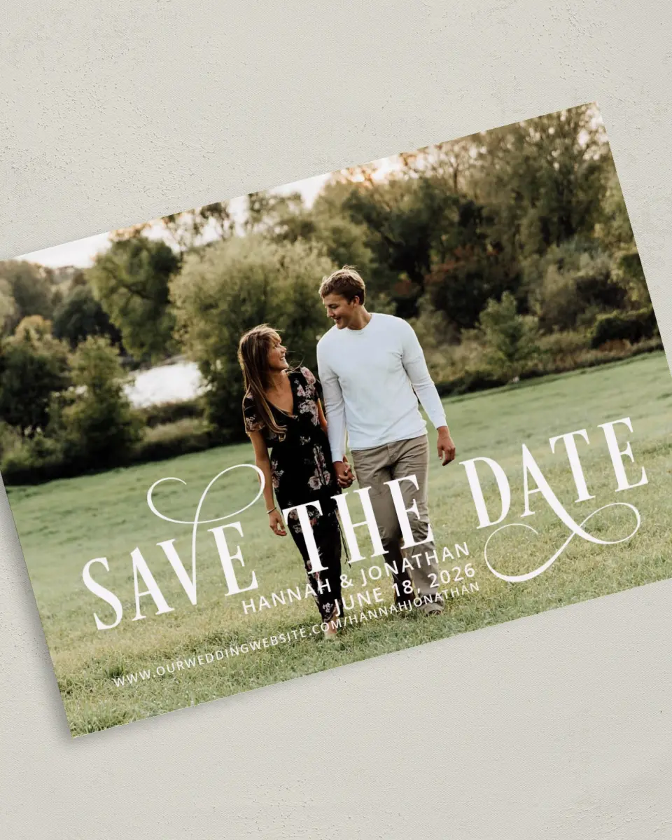 This is a 5" x 7" Save the Date Card called Love Infinity printed in full color on Premium Smooth paper