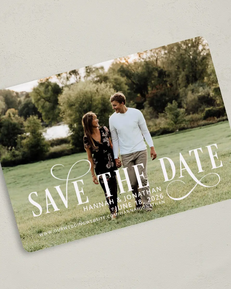 This is a 5" x 7" Save the Date Card called Love Infinity printed in full color on Premium Smooth paper